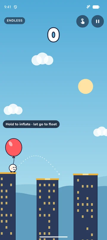 Balloonatic in play: the character stands on a rooftop under a big red balloon, with a dotted line showing where the jump will land.