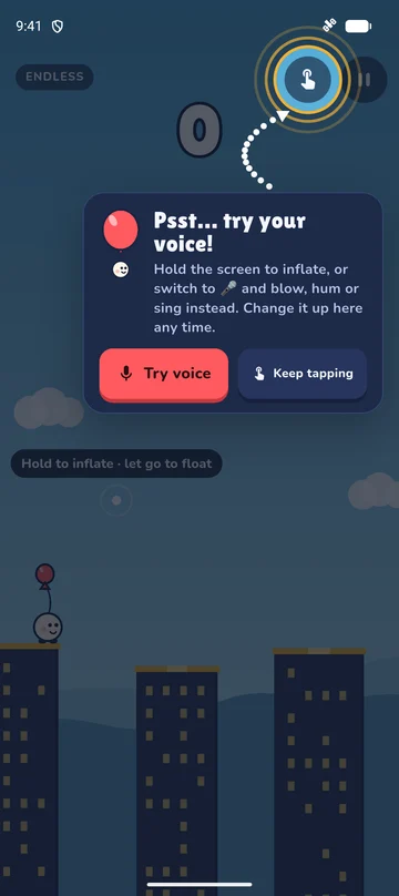The voice mode tip: hold the screen to inflate, or switch to the microphone and blow, hum or sing instead.